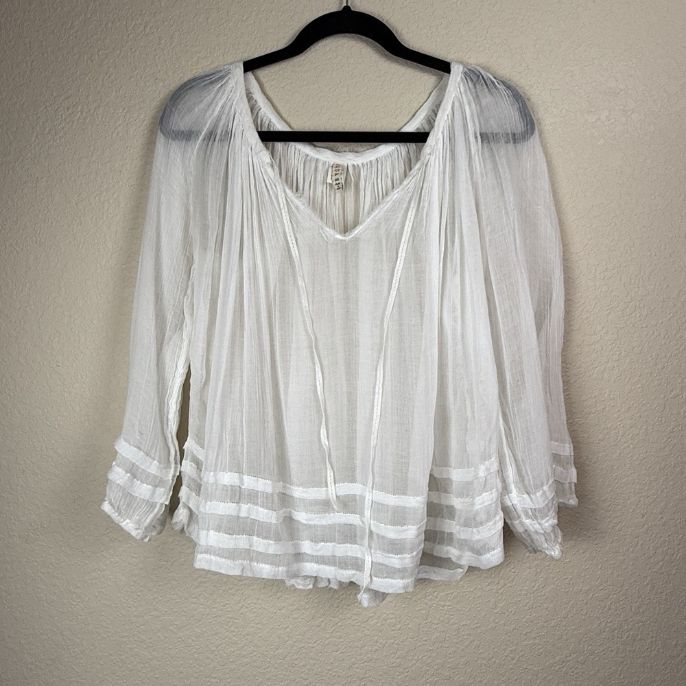 Raga White Flowy Gauzy Hippie Boho  Long Sleeve Top Satin Trim Coastal Sz XS